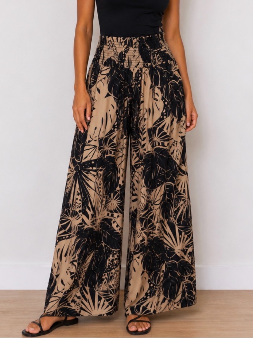 Wide Leg Flowy Black & Tan Tropical Print Pants Boho Fairy Whimsical Vacation